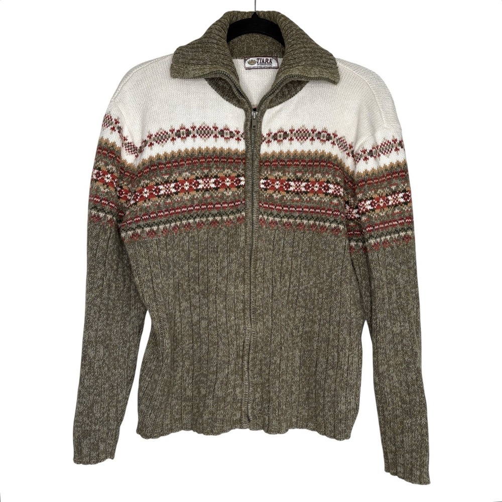 VTG Tiara International Nordic Fair Isle Full Zip Cardigan M Cottage Ski 2000s